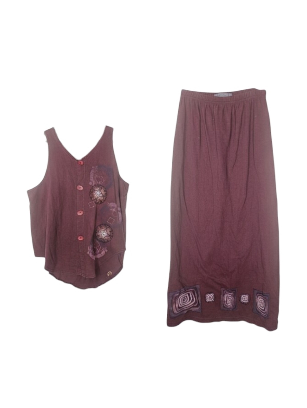 Vintage 90s Blue Fish Tank Skirt Set Burgundy Organic Cotton Lagenlook Art Wear